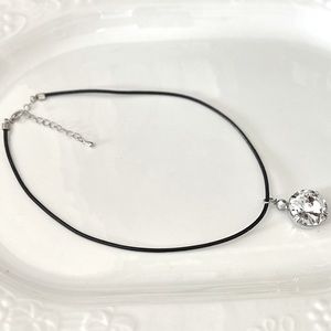 Black leather choker necklace with huge crystal charm fashion jewelry
